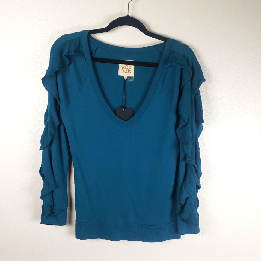 Chaser Teal Ruffle Sleeve V-Neck Sweater